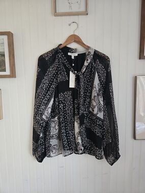 Haven + Blair Sheer Black Paisley Tie-Neck Blouse Black And White